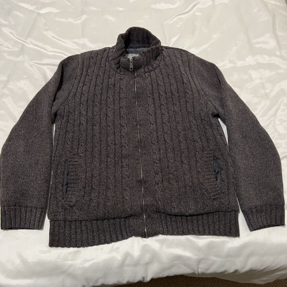 Boston Traders Cardigan Sweater Mens M Gray Cable Knit Sherpa Lined Heavyweight